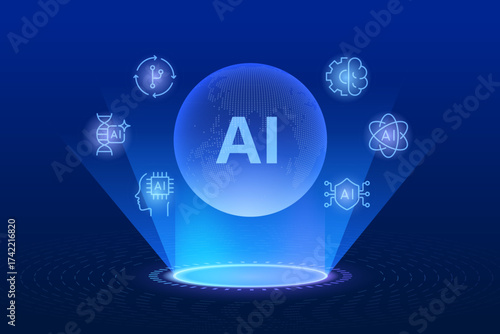 Ai Globalization Technology Backgrounds with Artificial Intelligence Futuristic World. Futuristic Innovation Concepts. Ai Automation and Big data Cyber Secure, Biotech and Engineering Tools icons