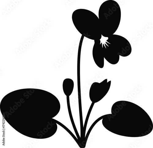 Simple black silhouette of a delicate flowering plant with leaves and buds on a white background