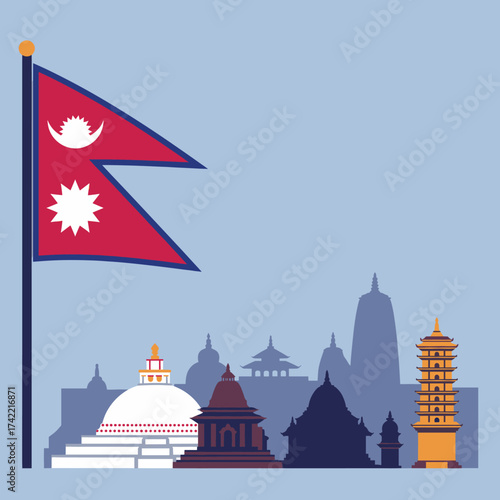 Nepal flag with skyline featuring temples and stupas landmarks.