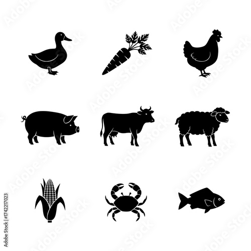 farm animals collection vector, Black silhouette illustrations of farm animals and produce vector , icon