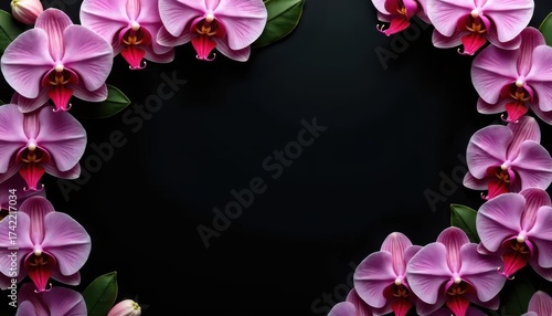 A black background with a border of pink orchids and green leaves.