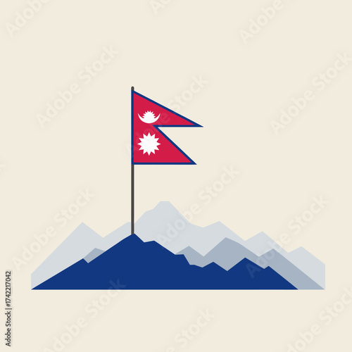 Nepal flag on mountain peak, national symbol of nepal. Vector.
