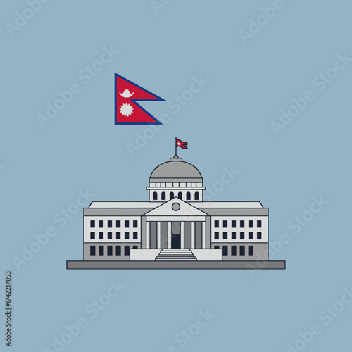 Nepal parliament building and flag against a blue background.
