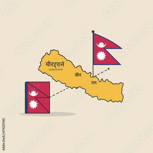 Nepal constitution map with flag and constitution book icon.