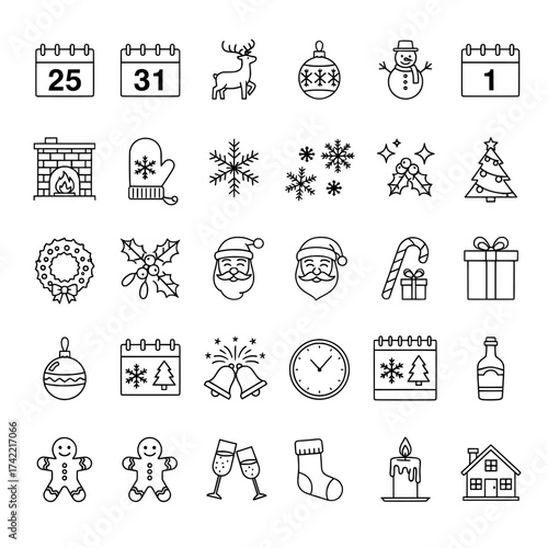 Collection of christmas and winter themed line art icons vector , icon