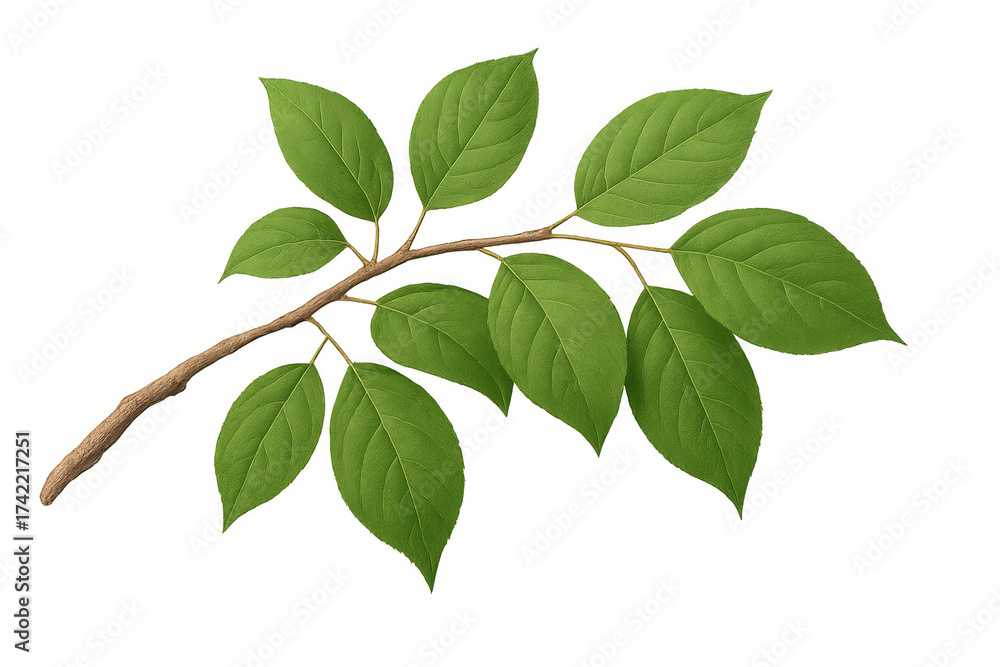 Fototapeta premium Green branch with fresh leaves on transparent background, ideal for nature, growth, and environmental concepts