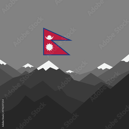 Nepal flag floating over a mountainous landscape illustration.