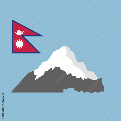 Nepal flag above mountain peak against a light blue background.