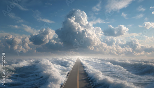 Surreal road stretching infinitely over ocean waves under bright sky with fluffy clouds, symbolizing light, freedom, and endless travel journey