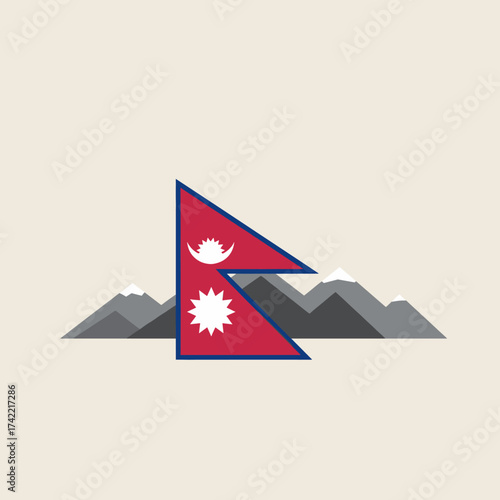 Nepal flag over mountain range, national symbol of nepal.