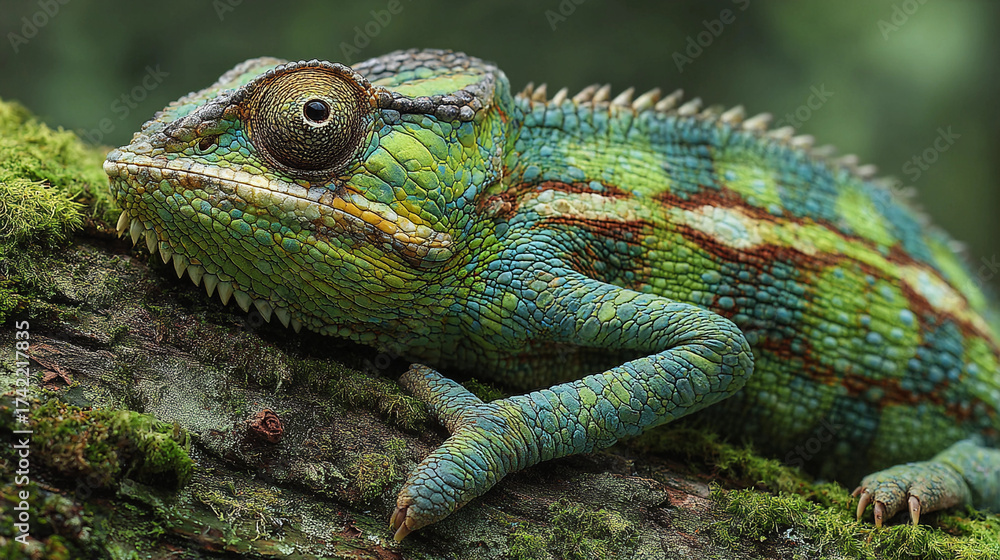 Fototapeta premium Vibrant chameleon perched on a mossy branch, showcasing its intricate patterns.