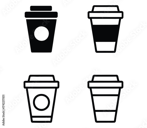  Stylized coffee cup icon set — black and white disposable cup designs with lid variations for café branding, UI, and graphic design