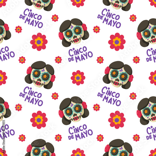 Seamless Cinco de Mayo pattern with sugar skull girl and flowers. Mexican design inspired by Día de los Muertos for decor, textiles, and print.