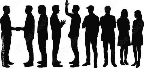 Silhouette of people standing in a row on a white background editable stock
