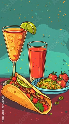 A refreshing beverage with a lime garnish pairs perfectly with a loaded taco and vibrant side salad, depicted in a playful, artistic manner.