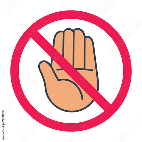 No entry sign, stop hand symbol, do not enter icon, restricted area warning, access denied flat vector illustration, prohibited entry clipart, warning hand symbol, no trespassing sign