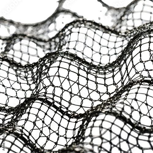 Abstract mesh structure with reflective surface and geometric pattern against a transparent background