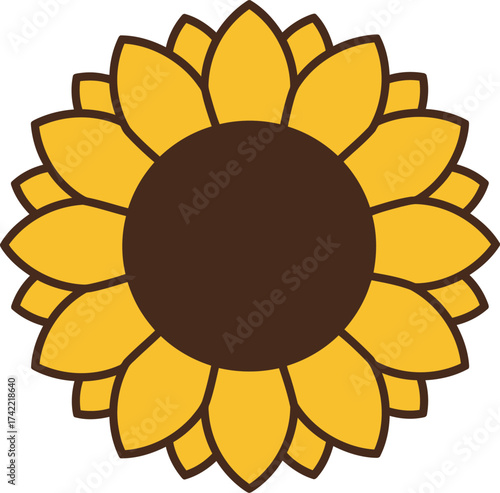 Bright yellow sunflower bloom with detailed brown center and petals simple graphic isolated on transparent background