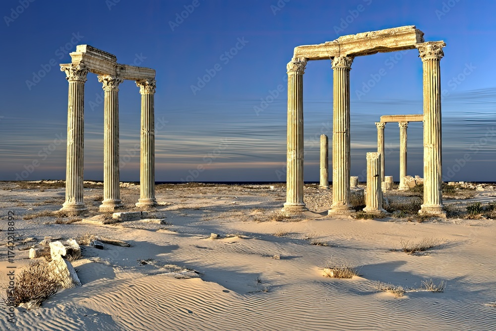 Fototapeta premium Ruined columns stand under a clear blue sky on sandy land