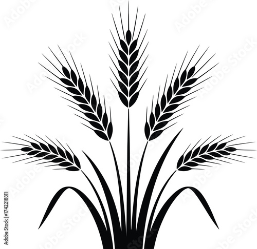 Stylized black silhouette of a cluster of wheat stalks with detailed ears and leaves