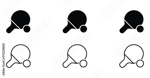  Ping pong paddle and ball icon set – stylized black and white sports symbols in solid and outline for table tennis, recreation, and UI design