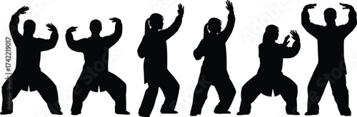 Silhouette of people practicing tai chi poses, martial arts balance exercise, traditional movement meditation, fitness training illustration, calm body control
