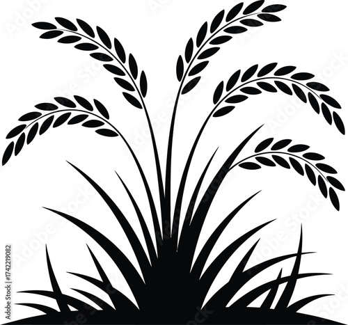 Stylized black silhouette of a lush green rice plant with detailed grains and leaves