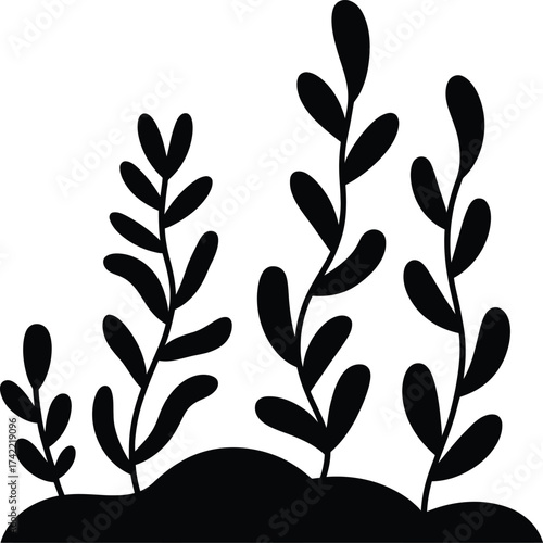 Stylized black silhouette of aquatic plants growing from a dark seabed silhouette