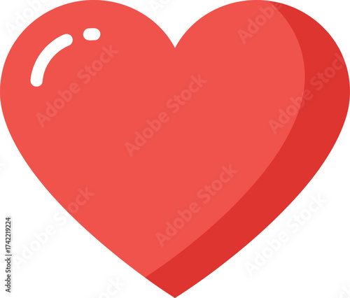 A simple flat design red heart symbol with subtle highlights for love and emotion isolated on transparent background