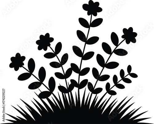 Stylized black silhouette of delicate wildflowers blooming in lush green grass on a white background