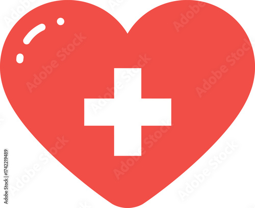 Red heart symbol with white medical cross icon flat design for health and care concepts isolated on transparent background