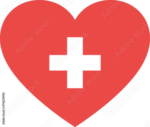Red heart symbol with white medical cross for healthcare and wellness isolated on transparent background
