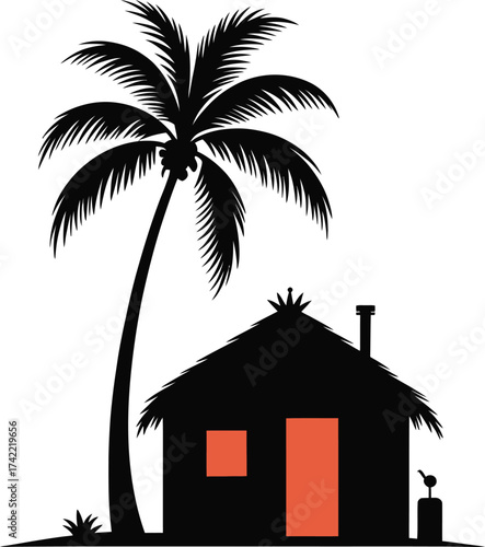 Tropical hut and palm tree silhouette with warm light glowing from windows
