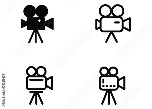 Set of four black and white vintage film camera icons with tripod and reels, ideal for filmmaking, media, video production, or retro design