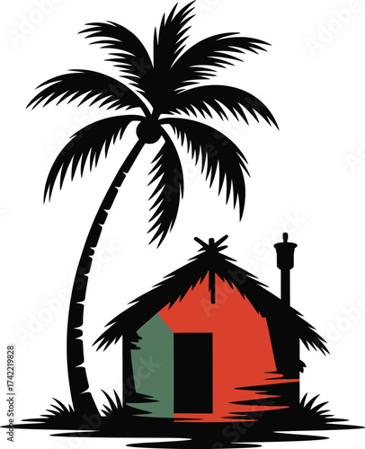 Tropical island hut with palm tree and chimney silhouette on white background