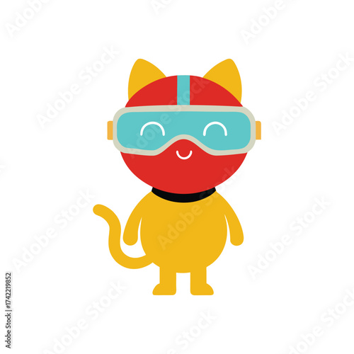 Cute cartoon cat wearing red and blue goggles and a yellow suit ready for adventure. cat icon.