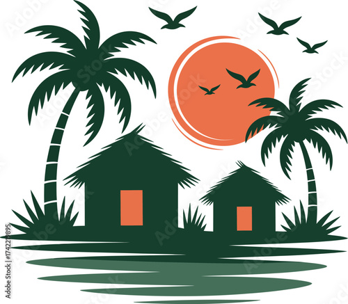 Tropical island scene with palm trees houses and birds against a sunset silhouette