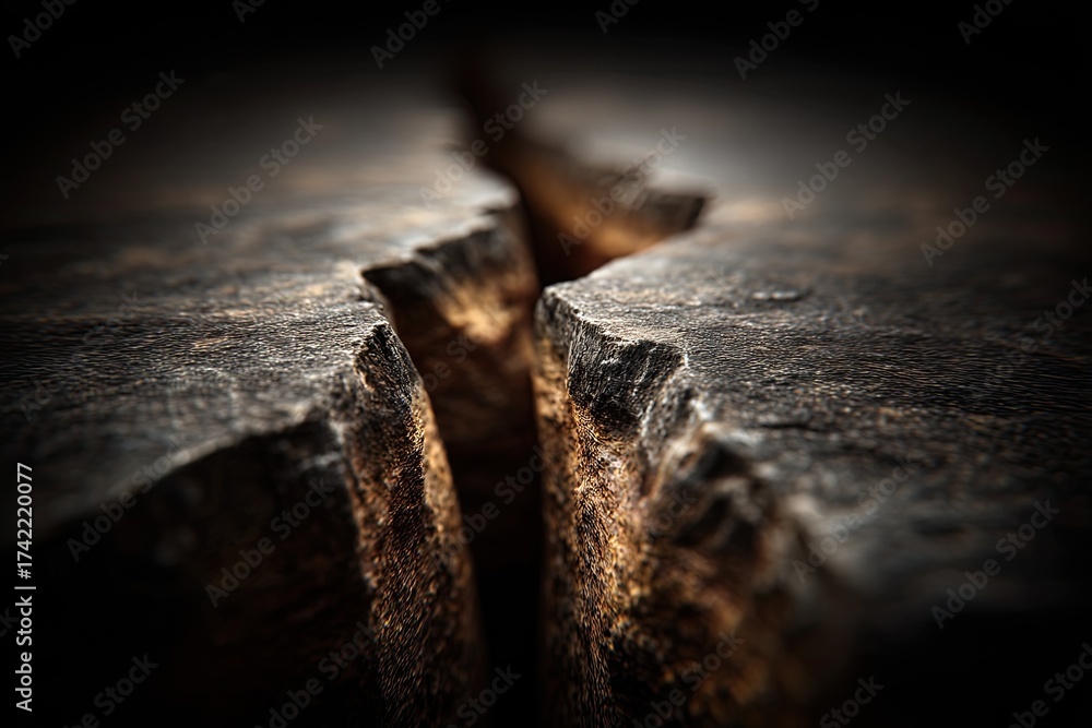 Fototapeta premium Deep, textured split in dark, rough material, close up macro view