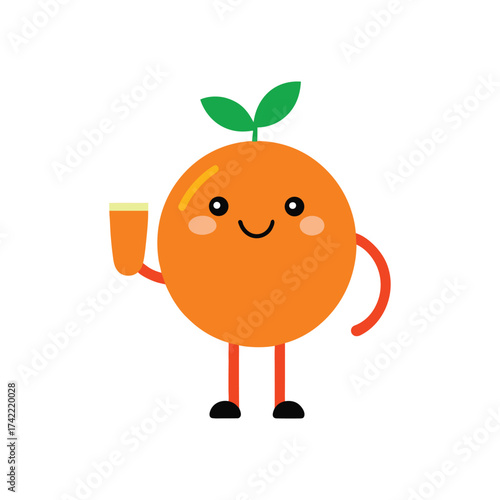 Cute cartoon orange character with a happy face and leaves waving with a glass of juice. orange  cartoon character.