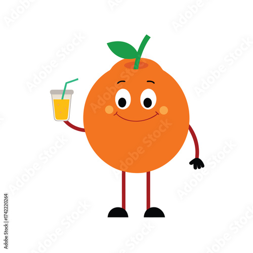 Happy cartoon orange character holding a cup of fresh orange juice with a straw. orange cartoon character.