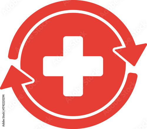 Red circle with white cross and arrows symbolizing health care and renewal services isolated on transparent background