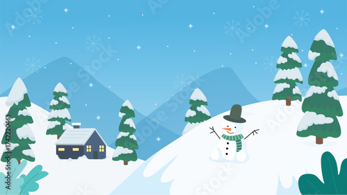 Winter scene with a snowman a house and snowcovered trees. Landscape Winter.