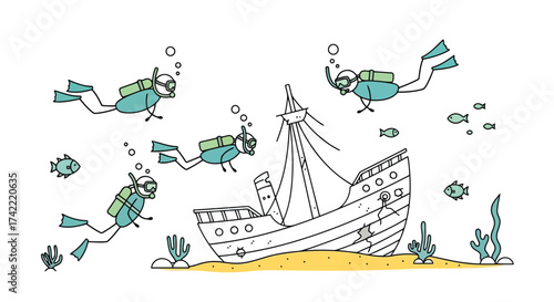 Cartoon scuba divers exploring a sunken pirate ship underwater vector design