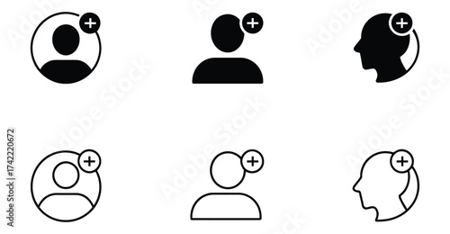 Set of six black and white user profile icons with plus symbol, solid and outline styles for add user, account creation, or social interface