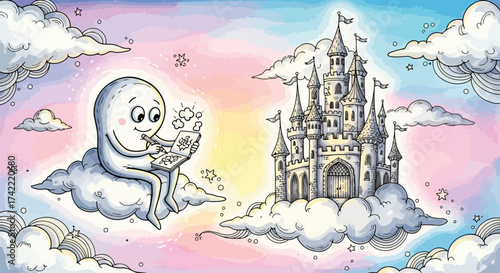 Whimsical ghost and castle in clouds with pastel sky illustration vector design
