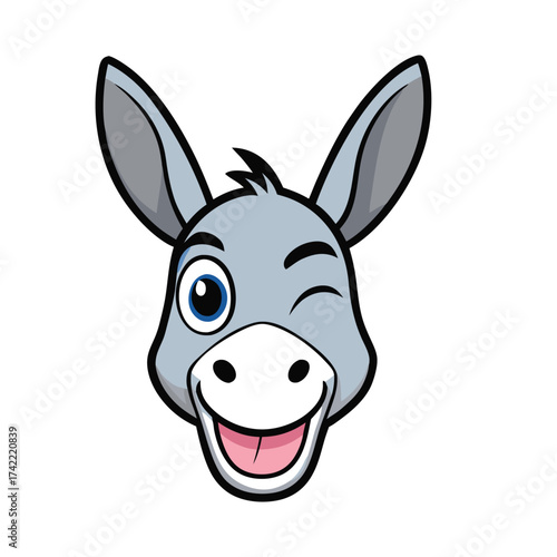 Cute cartoon donkey face winking with a big smile and playful expression on white background. donkey head winking with a big smile. donkey head cartoon character.