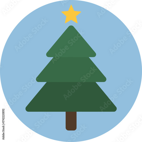 Stylized green christmas tree with star icon flat design festive holiday symbol isolated on transparent background