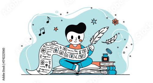Creative student reading and writing with books and music notes vector design