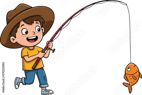 Cartoon child fishing, happy boy catching fish, outdoor recreation, childhood adventure, smiling kid with fishing rod, orange fish illustration, playful character, joyful moment, colorful drawing
