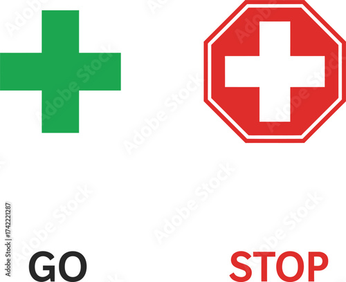 Green go plus sign and red stop sign with white cross symbols ready for use isolated on transparent background